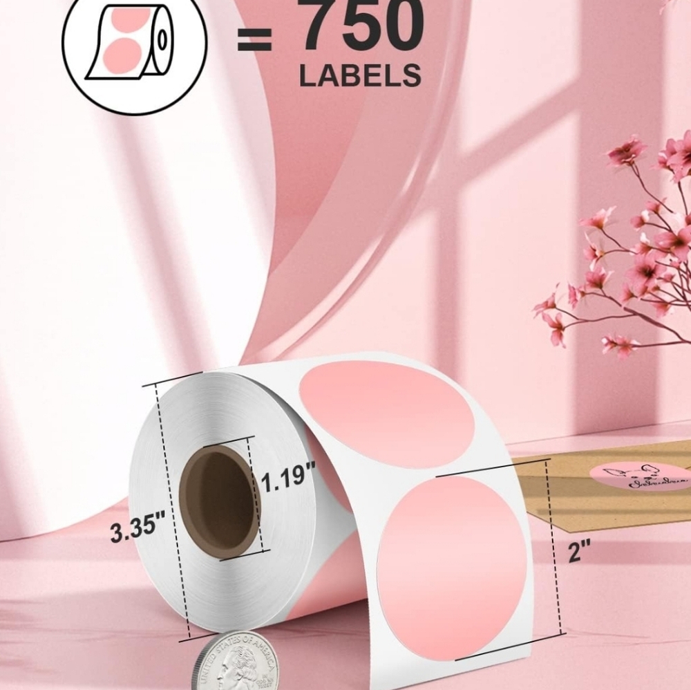 Genuine 2 Inch Pink Circle Thermal Stickers Labels, - Picture 2 of 4